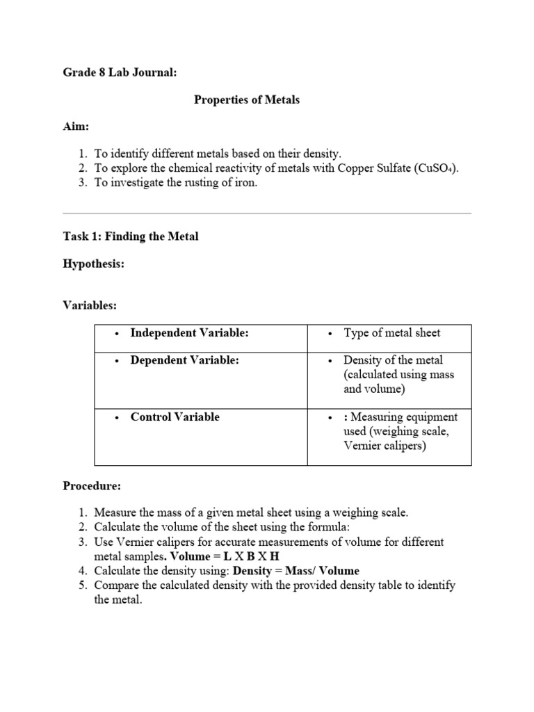 Properties of Metals Lab Journal | PDF | Density | Hydrogen Peroxide