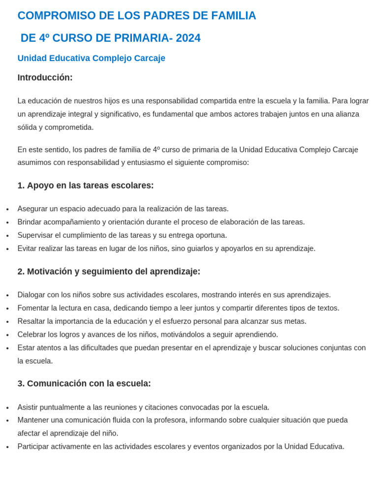 Compromiso de Los Padres de Familia 2024 | PDF | Escuelas | Aprendizaje