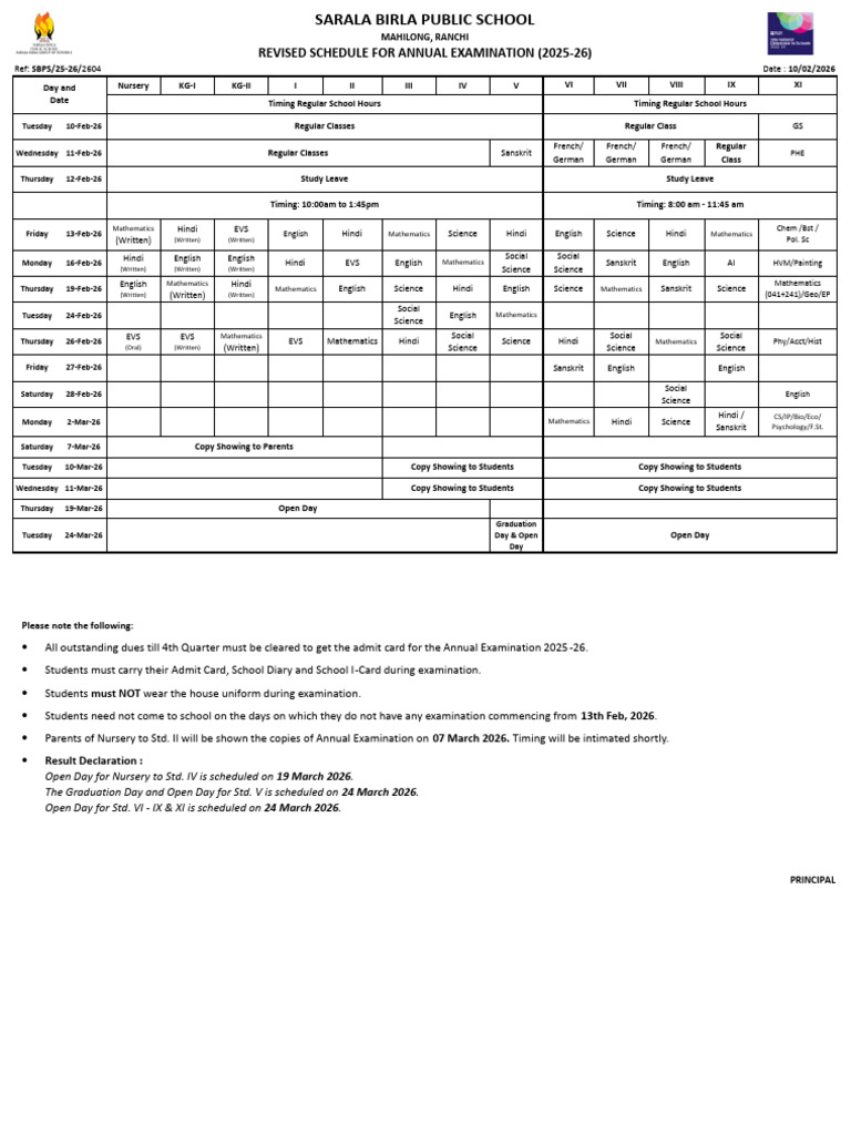 Revised Date Sheet Annual Exam 2025-26 | PDF