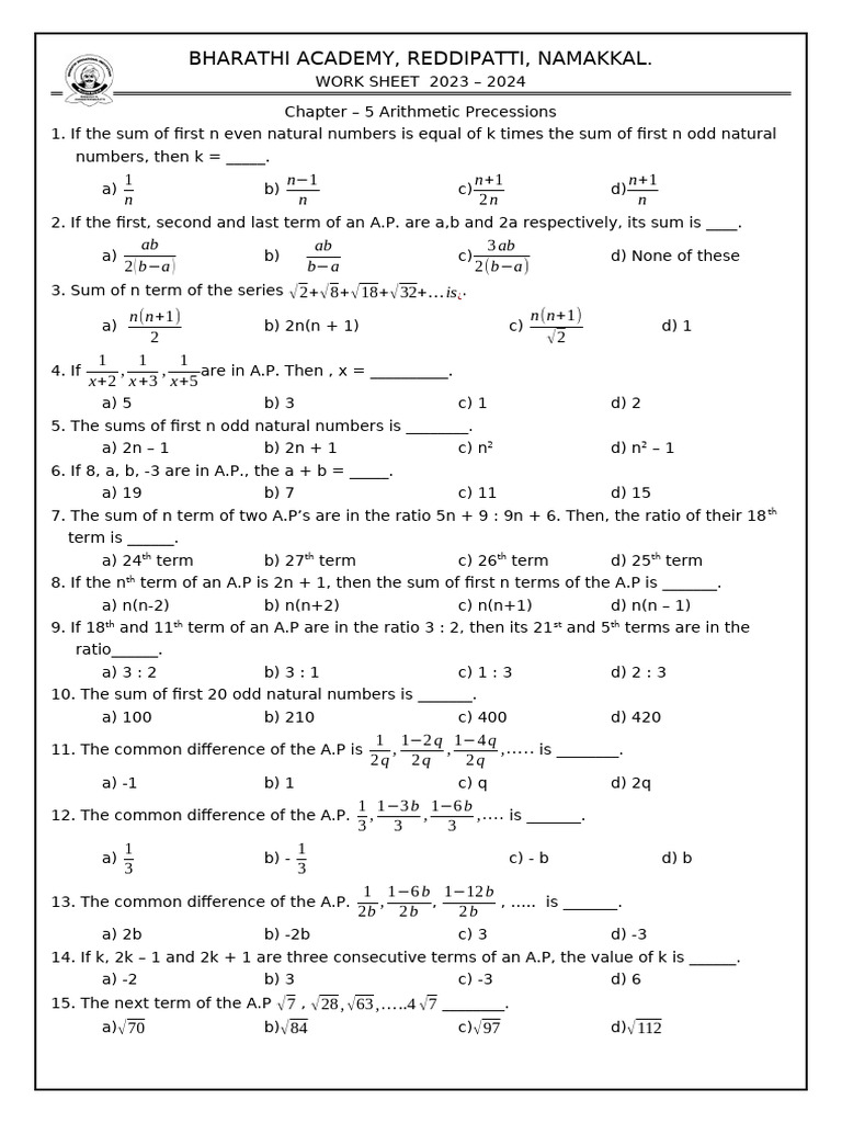CBSE 10 - Maths - Work Sheets - (CH - 5) | PDF | Discrete Mathematics ...