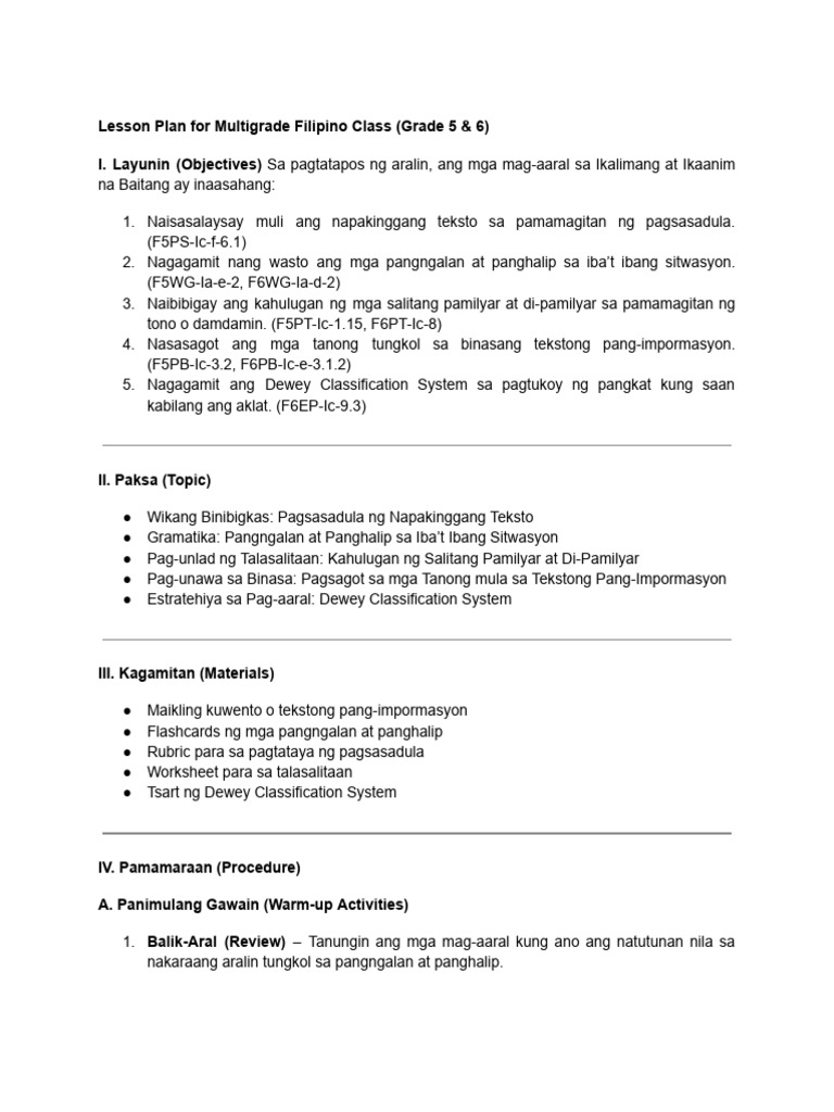 MLG Lesson Plan - G5 & 6 (Filipino) | PDF