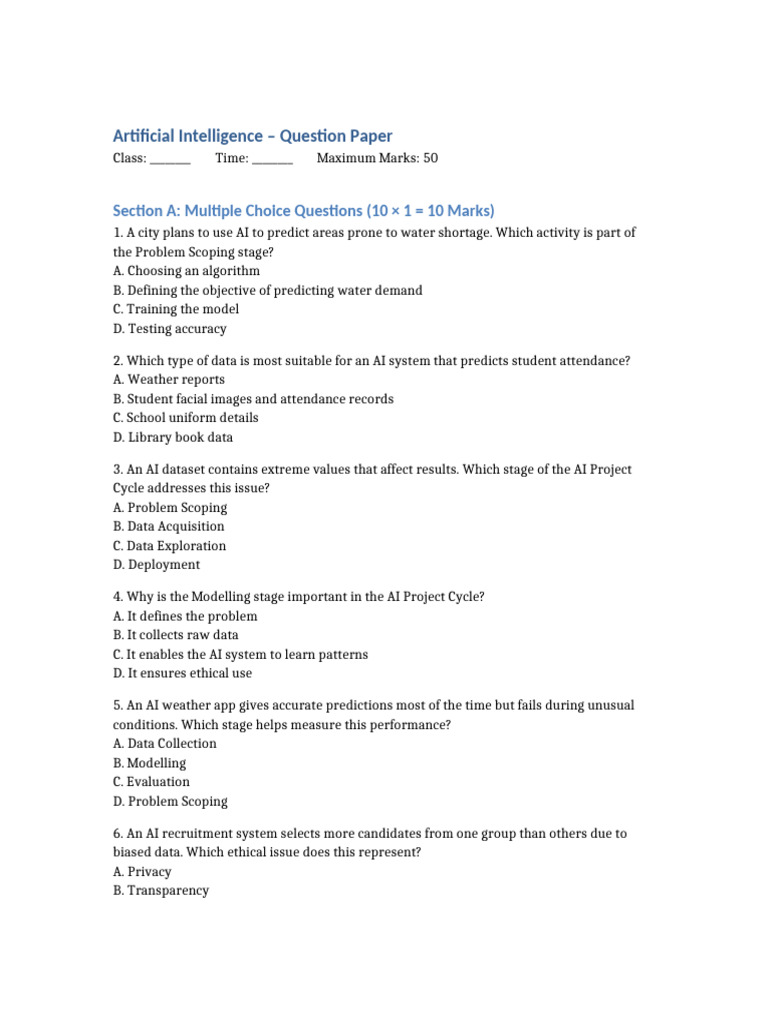 AI Question Paper 50 Marks | PDF | Artificial Intelligence ...