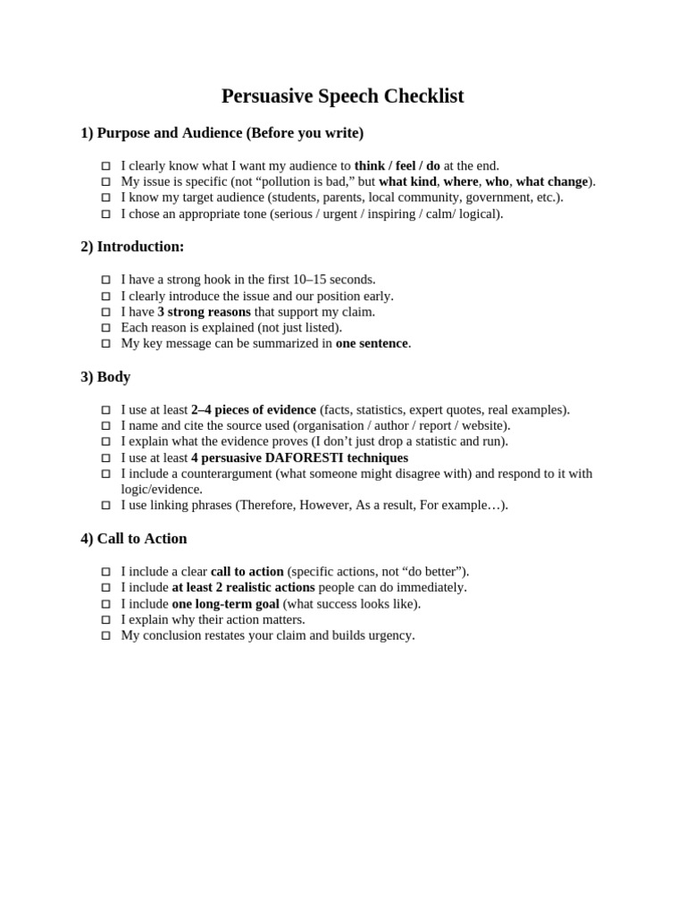 Persuasive Speech Checklist Y9 | PDF | Communication | Human Communication