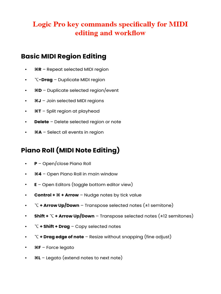 Logic Pro Key Commands Specifically For MIDI Editing and Workflow | PDF