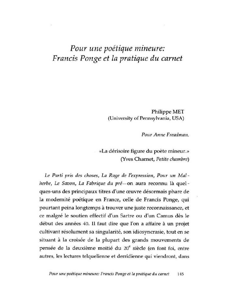 Pour Une Poétique Mineure: Francis Ponge Et La Pratique Du Carnet | PDF