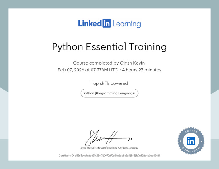 CertificateOfCompletion - Python Essential Training | PDF