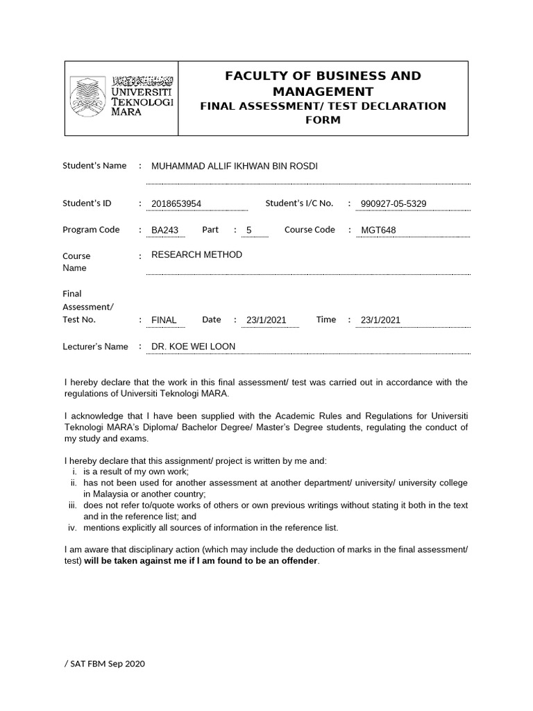 Final Assessment Test Declaration Form - FINAL | PDF