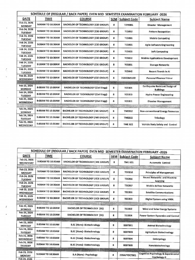 Schedule of Regular Back Paper Even Mid 8th Semester Examination Feb ...
