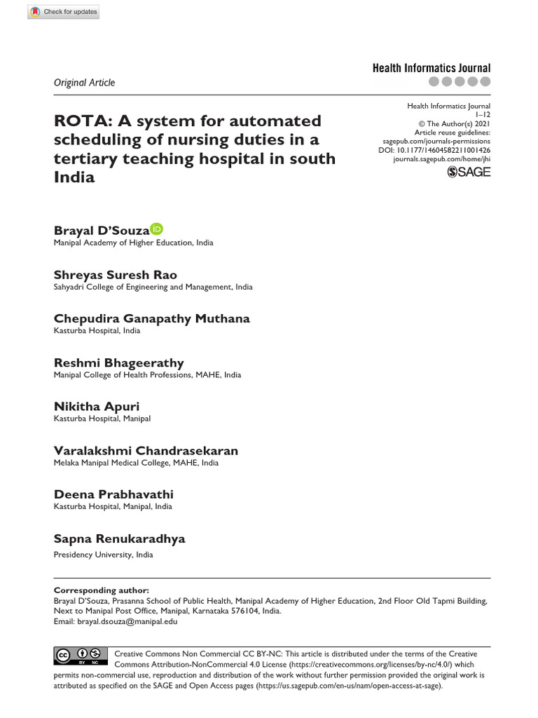 ROTA A System For Automated Scheduling of Nursing | PDF | Nursing ...