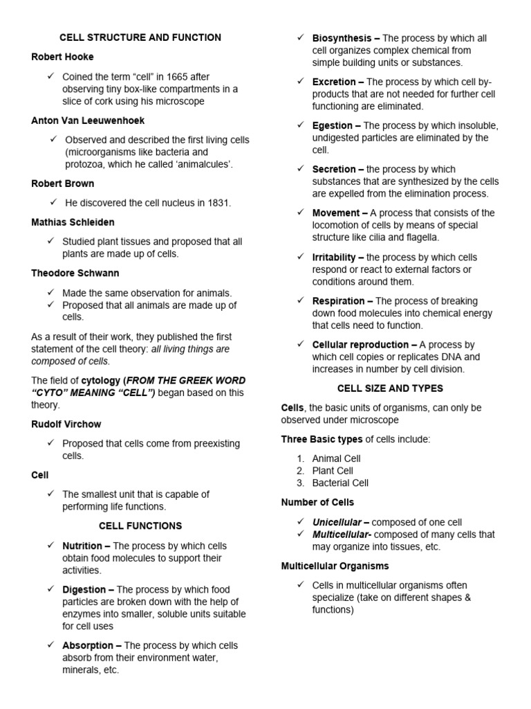 Cell Structure and Function Reviewer | PDF | Cell (Biology ...