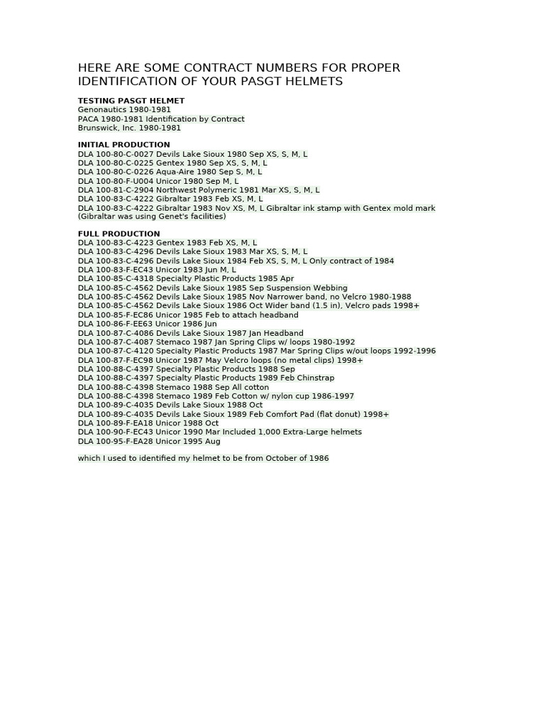 Here Are Some Contract Numbers For Proper Identification of Your Pasgt ...