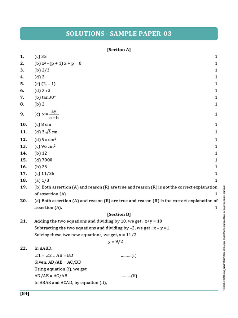 Allen Quota CBSE Class 10 Mathematics - Standard Sample Papers-ANSWERS ...