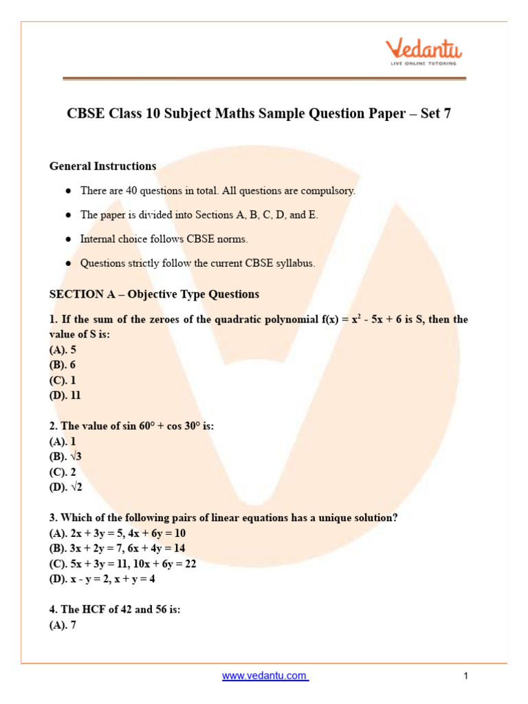 CBSE Class 10 Maths Sample Paper 2025-26 (Mock Paper 7) PDF | PDF ...