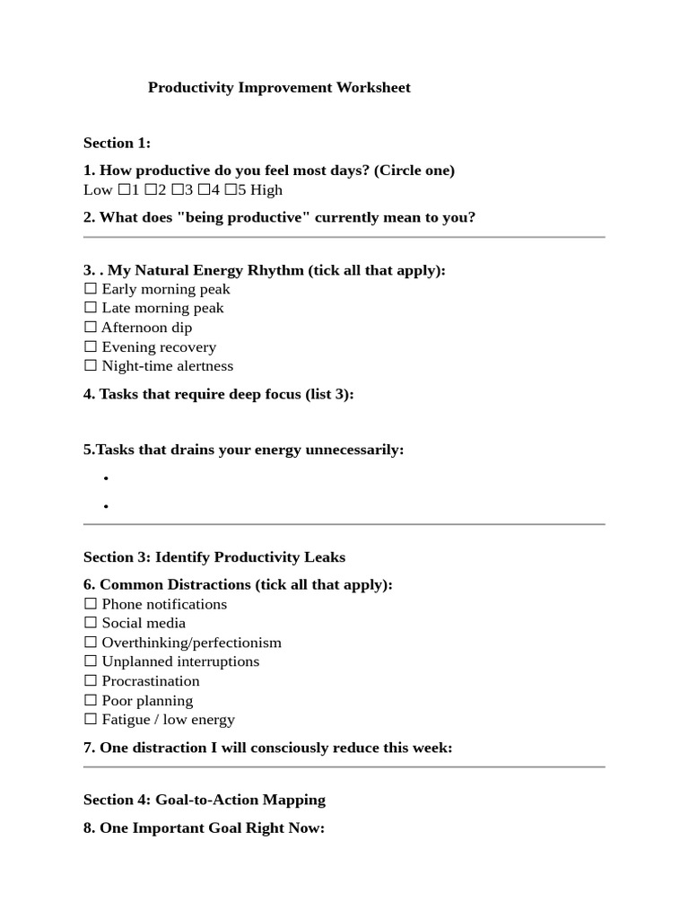 Productivity Improvement Worksheet | PDF
