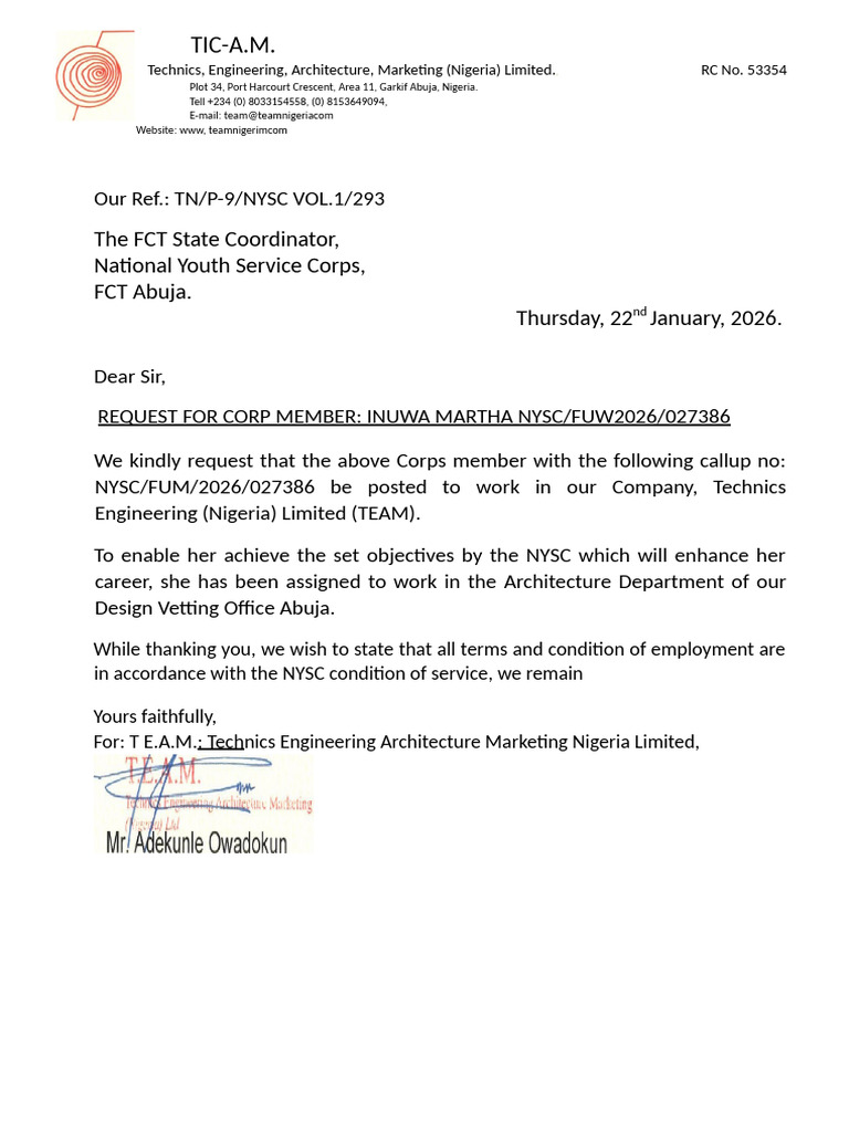 Nysc Request Letter - Miss. Inuwa Martha | PDF