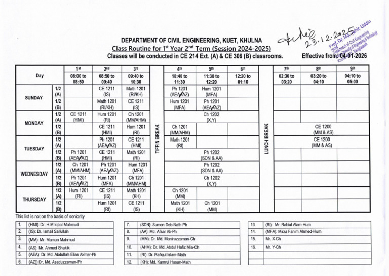 Class Routine For 1st Year 2nd Term (2024-2025) - 0001 | PDF