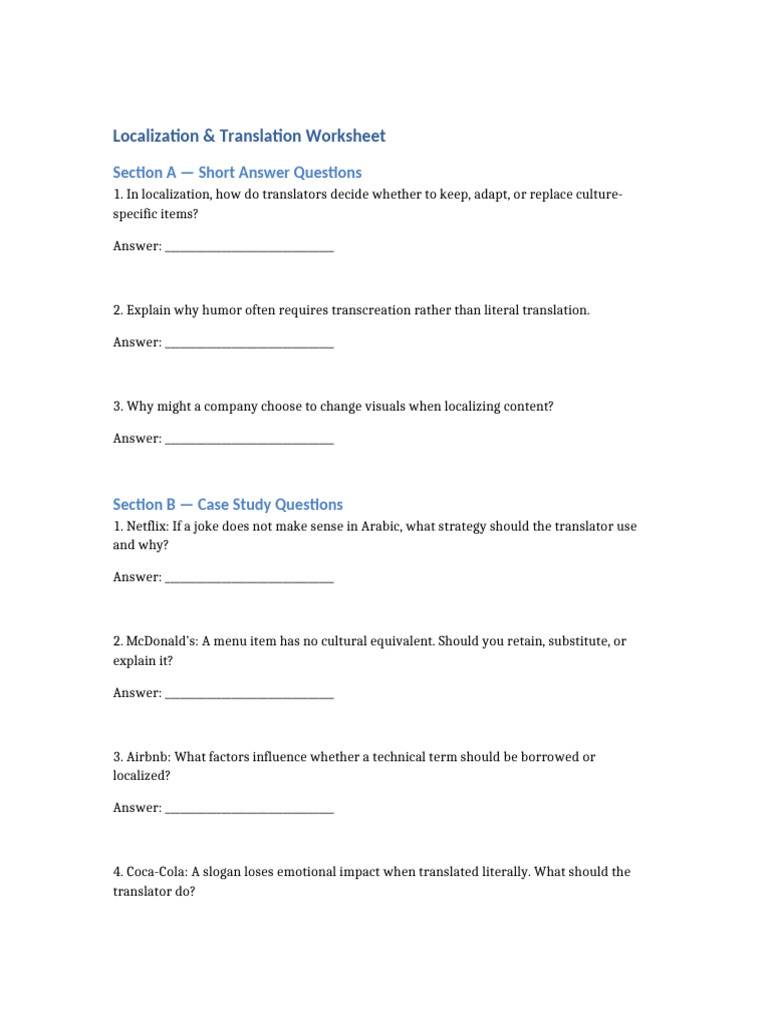 Localization Worksheet With Answer Key | PDF