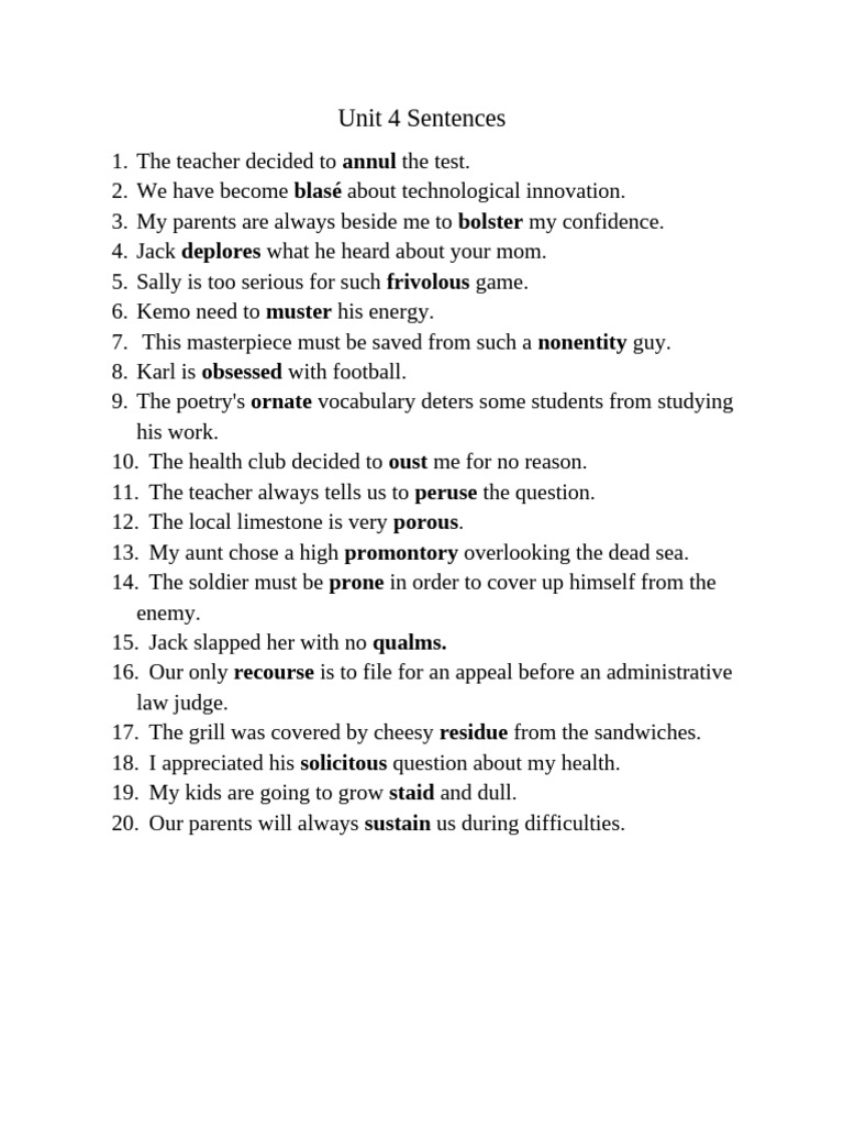 Unit 4 Sentences | PDF