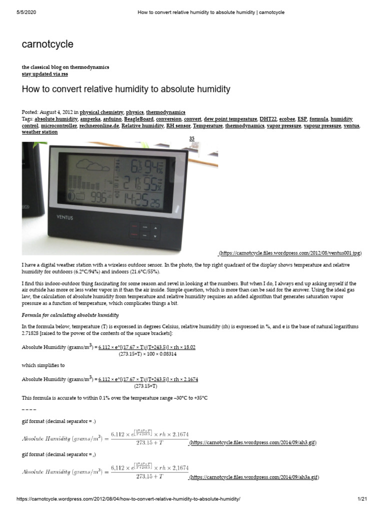 How To Convert Relative Humidity To Absolute Humidity - Carnotcycle ...