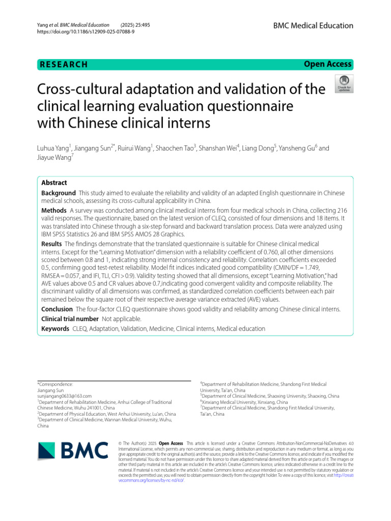Cross-Cultural Adaptation and Validation of The Clinical Learning ...