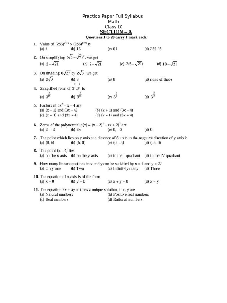 Class IX Practice Paper | PDF