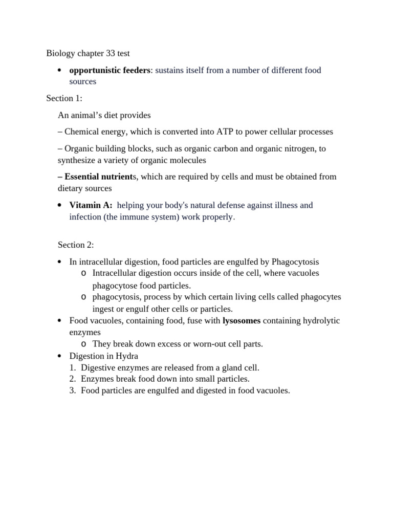 Biology Chapter 33 Test | PDF | Digestion | Stomach