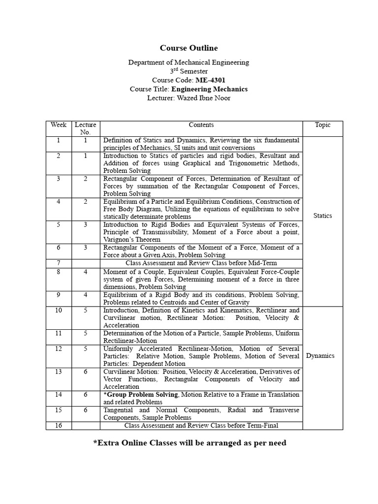 Course Outline-ME 4301 (Engineering Mechanics) | PDF | Force | Acceleration