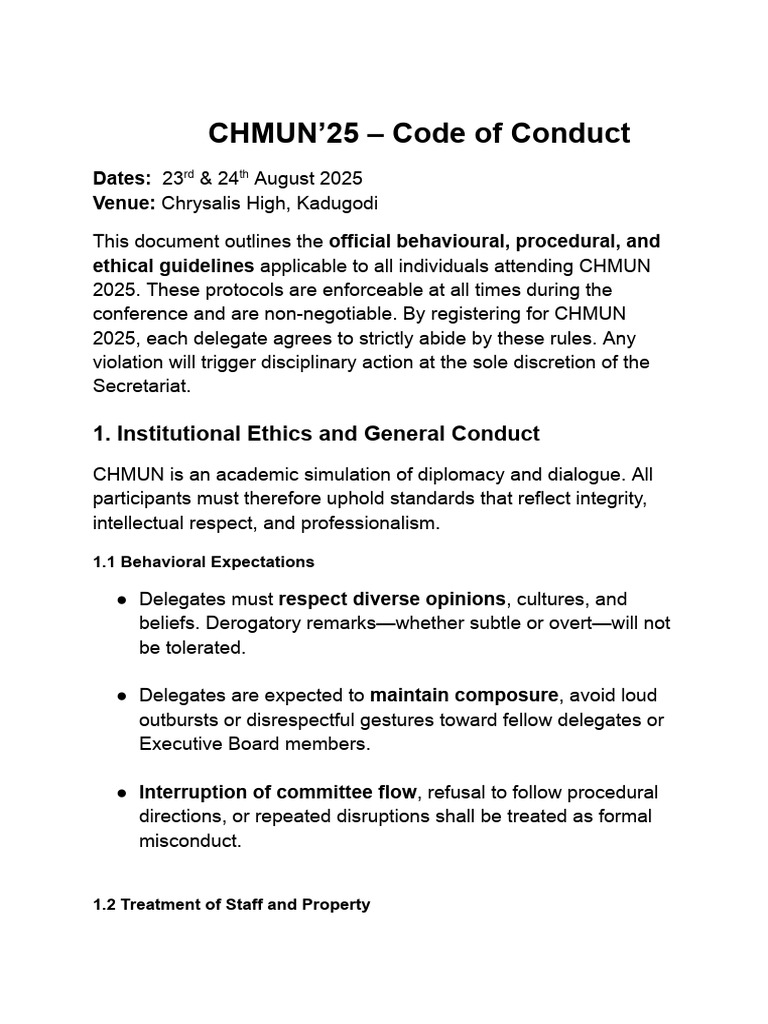 CHMUN 2025 - Code of Conduct | PDF | Harassment | Discrimination