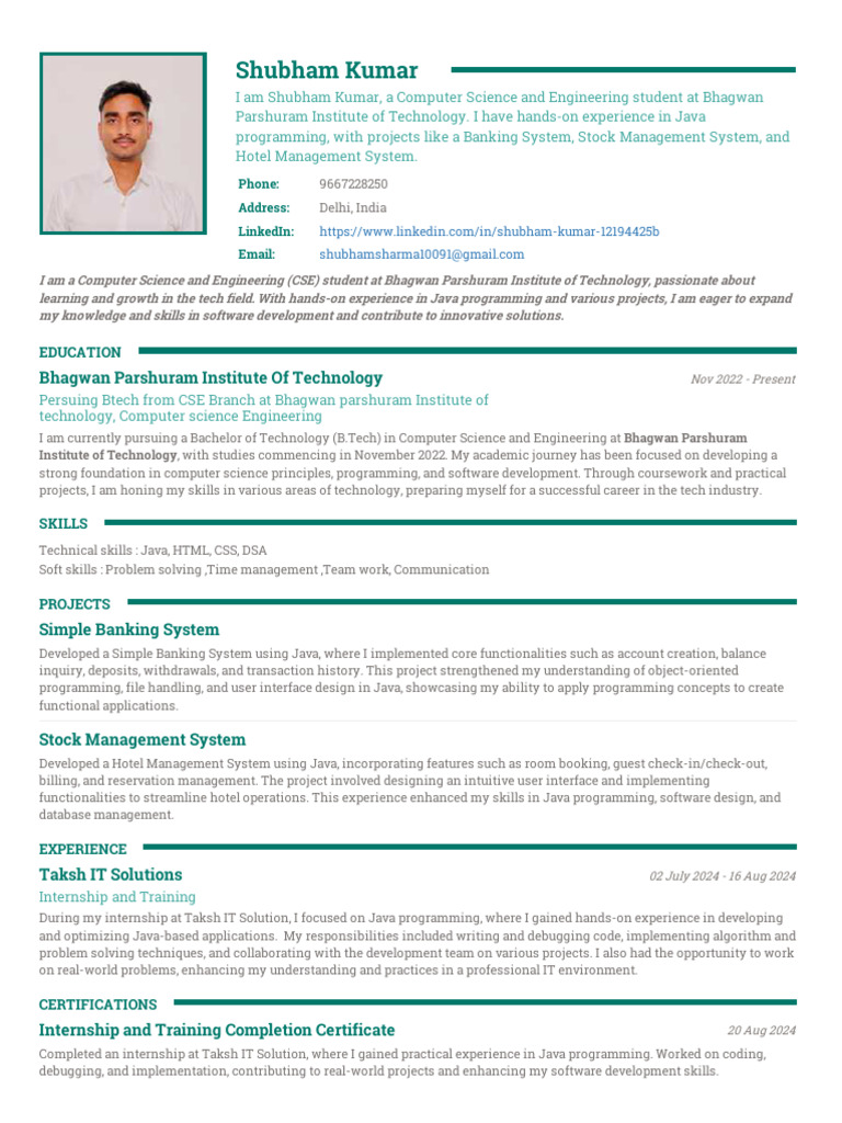 Shubham Resume | PDF | Computer Programming | Java (Programming Language)