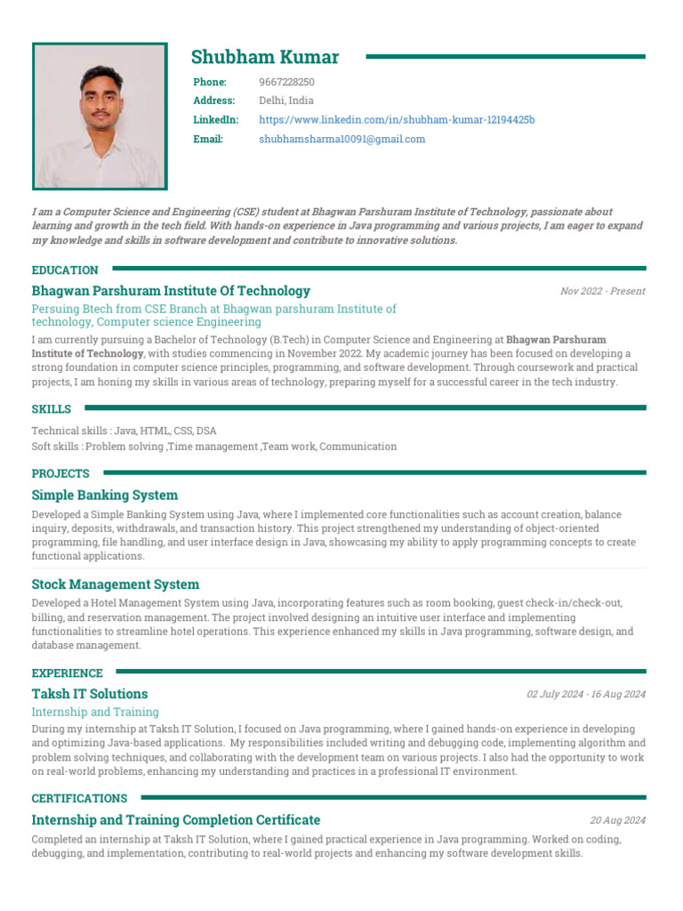 Shubham Kumar Resume !! | PDF | Computer Programming | Java ...