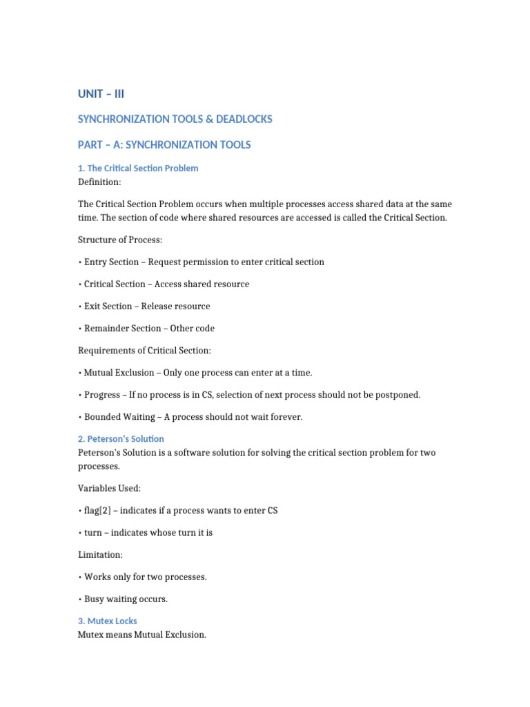 UNIT III Synchronization Tools and Deadlocks | PDF | Operating System ...