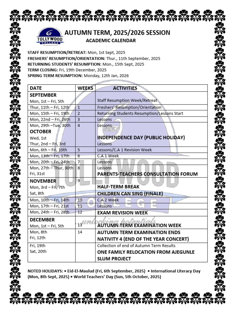 Autumn Term Calendar 2025 2026 Session | PDF