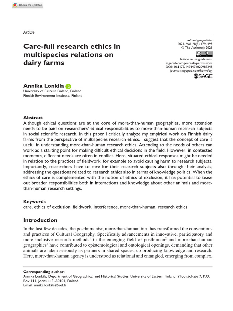 Lonkila 2021 Care Full Research Ethics in Multispecies Relations On ...