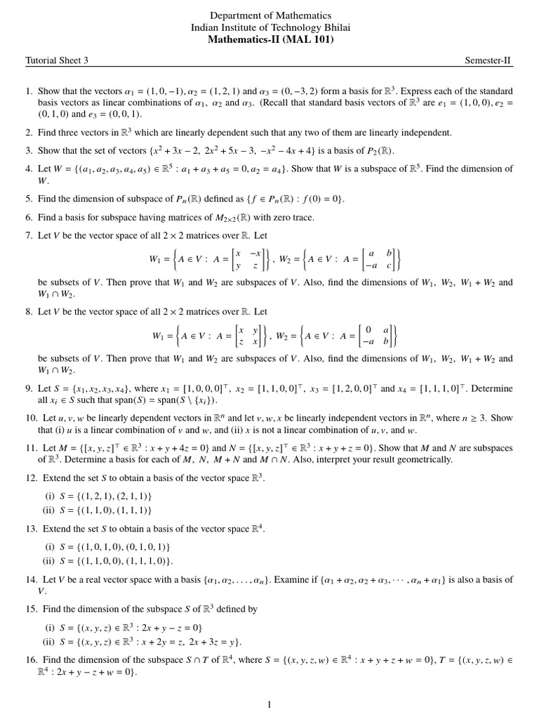 Tutorial Sheet 3 and 4_MAL101 | PDF | Linear Subspace | Basis (Linear ...