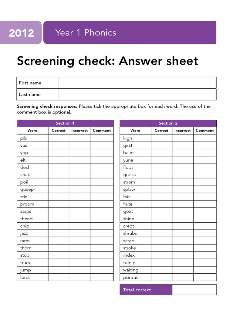 PrimaryTools - Co.uk 2012PhonicsAnswerSheet | PDF