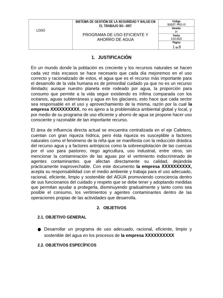 Pro-15 Programa de Uso Eficiente y Ahorro de Agua | PDF | Agua ...