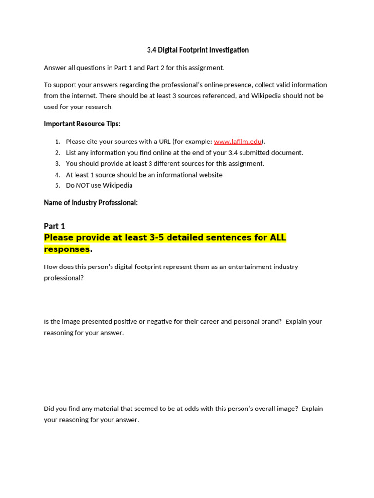 3.4 Digital Footprint Investigation: Please Provide at Least 3-5 ...