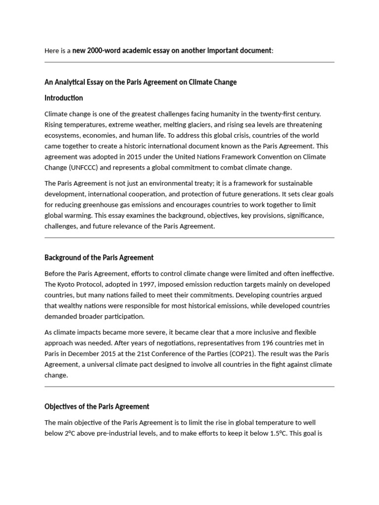 An Analytical Essay on the Paris Agreement on Climate Change | PDF ...