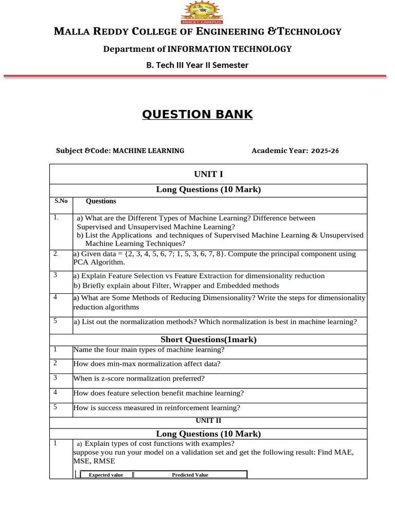 Machine Learning Question Bank | PDF | Machine Learning | Principal ...
