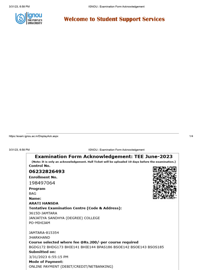 IGNOU - Examination Form Acknowledgement | PDF
