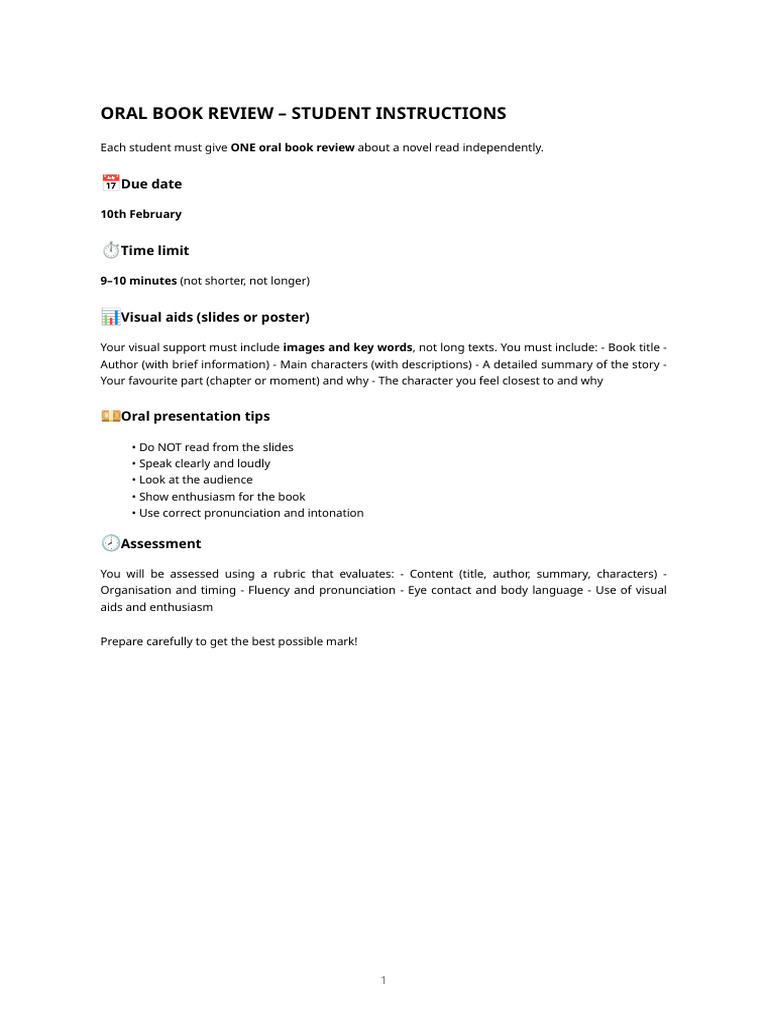 Oral Book Review – Student Instructions | PDF