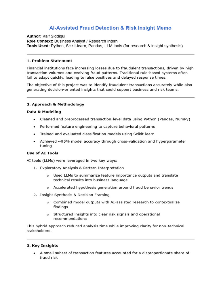 AI-Assisted Fraud Detection - Analysis Memo - Kaif Siddiqui | PDF ...