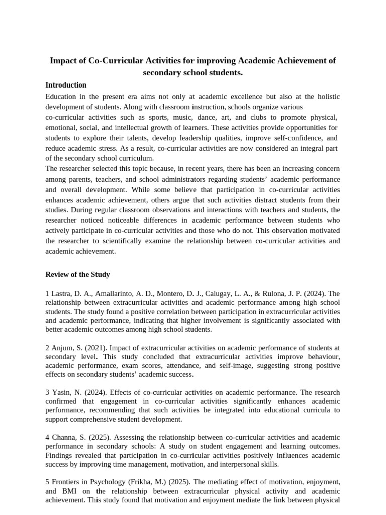 A research proposal on impact of co curricular activities on academic ...