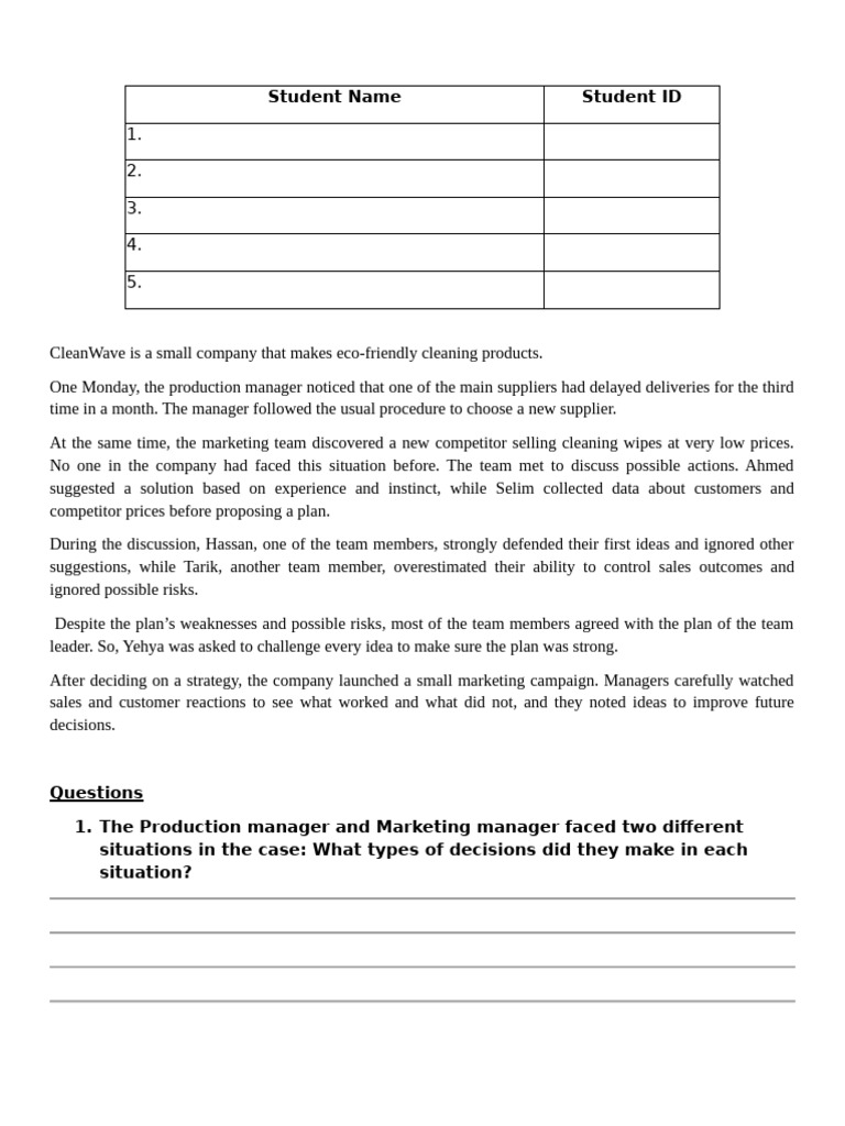 Case Study Decision Making. Student Version | PDF