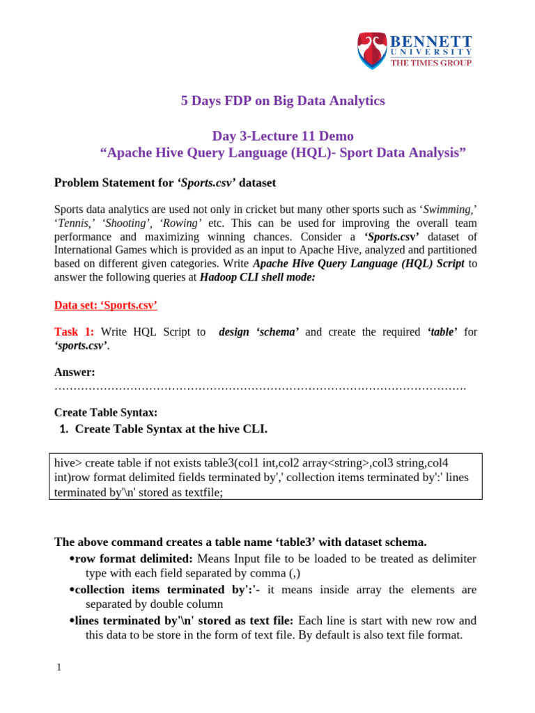 Sport Data Analysis Using Hive | PDF | Comma Separated Values ...