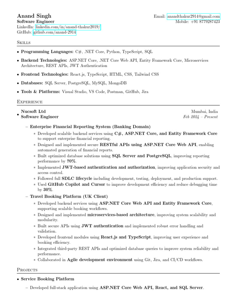 Anand Singh Resume 2026 | PDF | Entity Framework | Databases