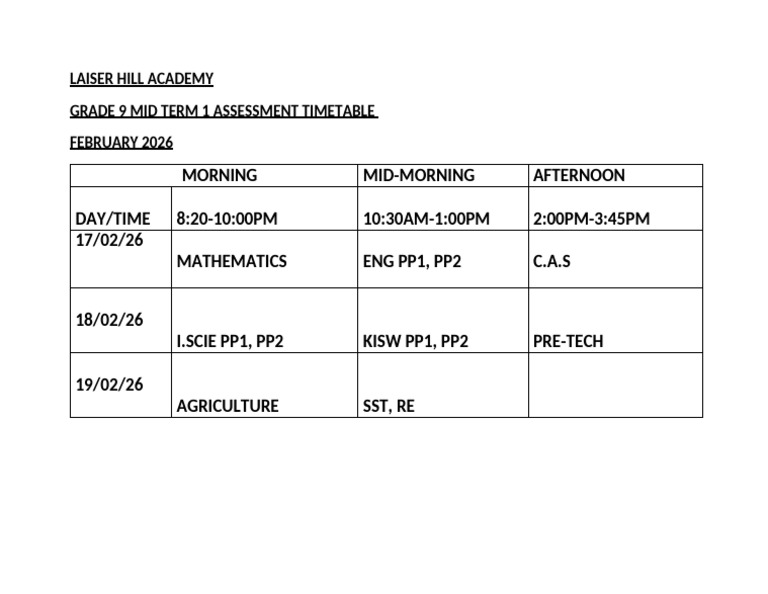Grade 9 Mid Term 1 Assessment Timetable | PDF
