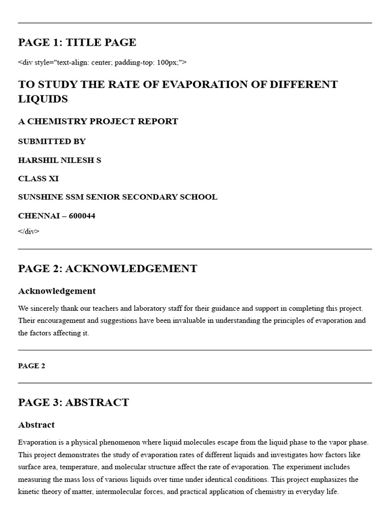 Chemistry Project - Rate of Evaporation of Different Liquids | PDF ...