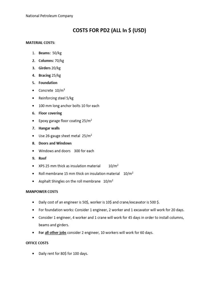 Costs and Activity List For PD2 | PDF