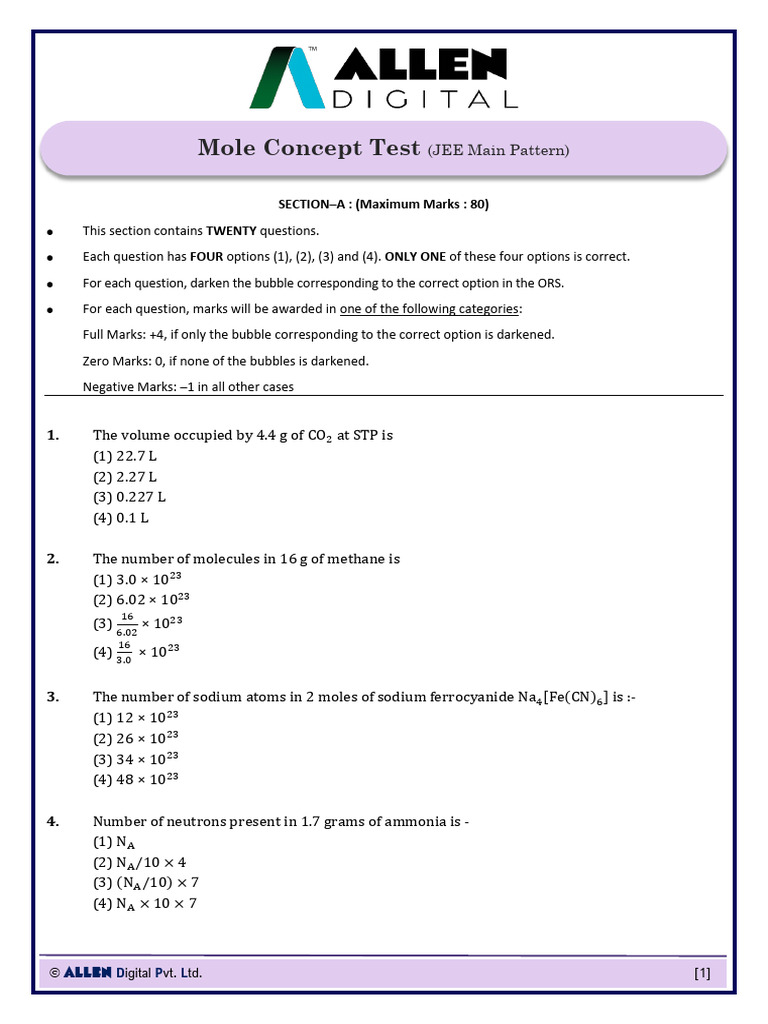 Exercise (Jee Main) Mole Concept 250207 123948 | PDF | Mole (Unit) | Atoms
